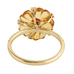 Carved Mix Stone Prong Ruby Pave Diamond Flower Ring In 18K Yellow Gold