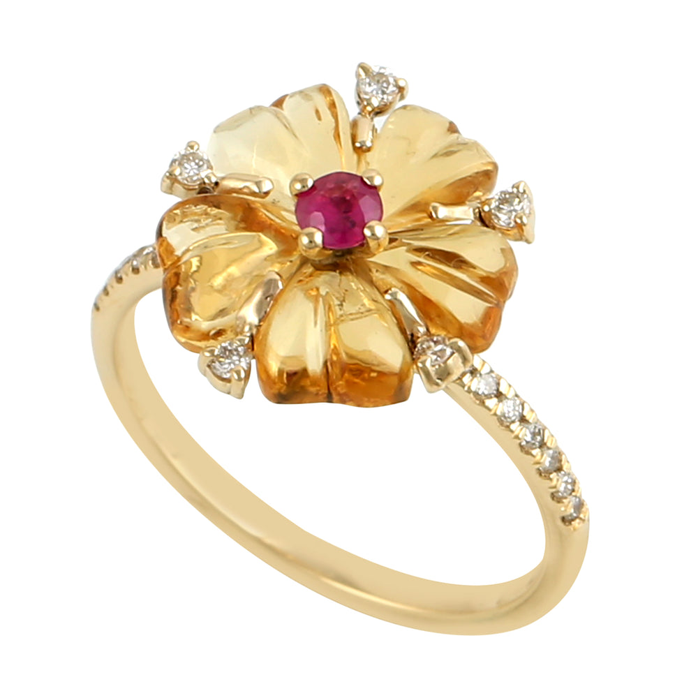 Carved Mix Stone Prong Ruby Pave Diamond Flower Ring In 18K Yellow Gold