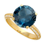 Faceted Blue Topaz Prong Set Diamond Accent 18k Yellow Gold Jewelry Ring For Her