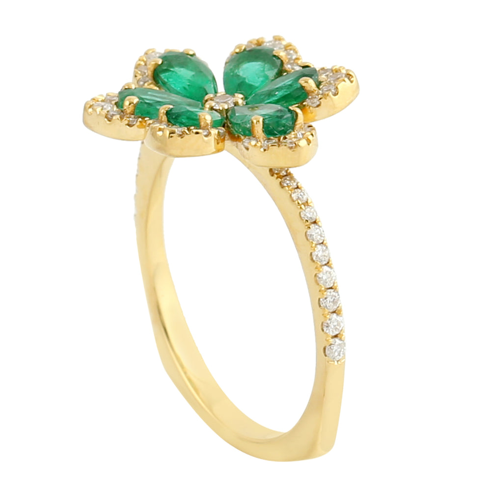 Pear Cut Emerald Pave Diamond Floral Ring in 18K Yellow Gold For Birthday Gift