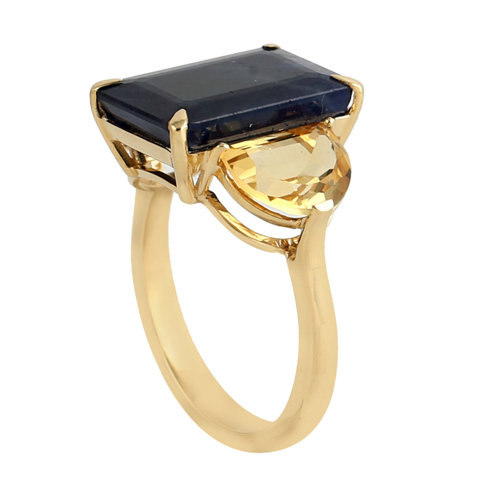 Octagon Cut Blue Sapphire Prong D Cut Citrine Three Stone Ring In 18k Yellow Gold