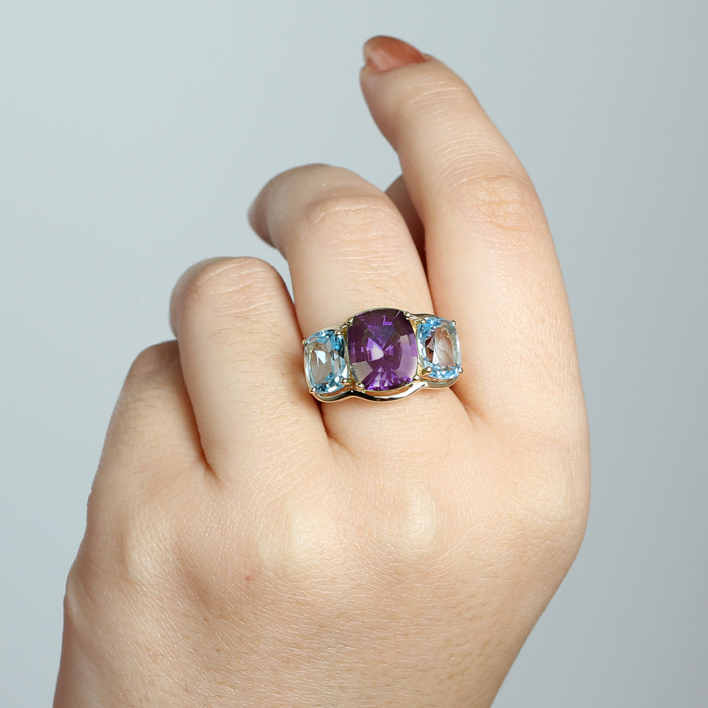 Cushion Cut Amethyst & Topaz Three Stone Ring In 18k Yellow Gold