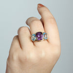Cushion Cut Amethyst & Topaz Three Stone Ring In 18k Yellow Gold