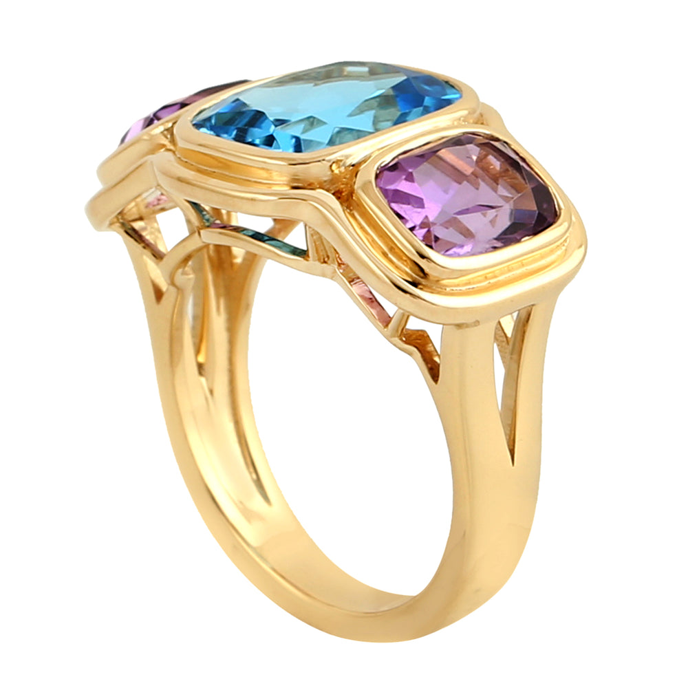 Cushion Cut Blue Topaz Bezel Set Amethyst Three Stone Ring In 18k Yellow Gold Gift