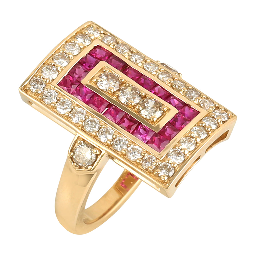 Princess Cut Ruby Channel Set Pave Diamond Wedding Ring 18K Solid Gold Jewelry