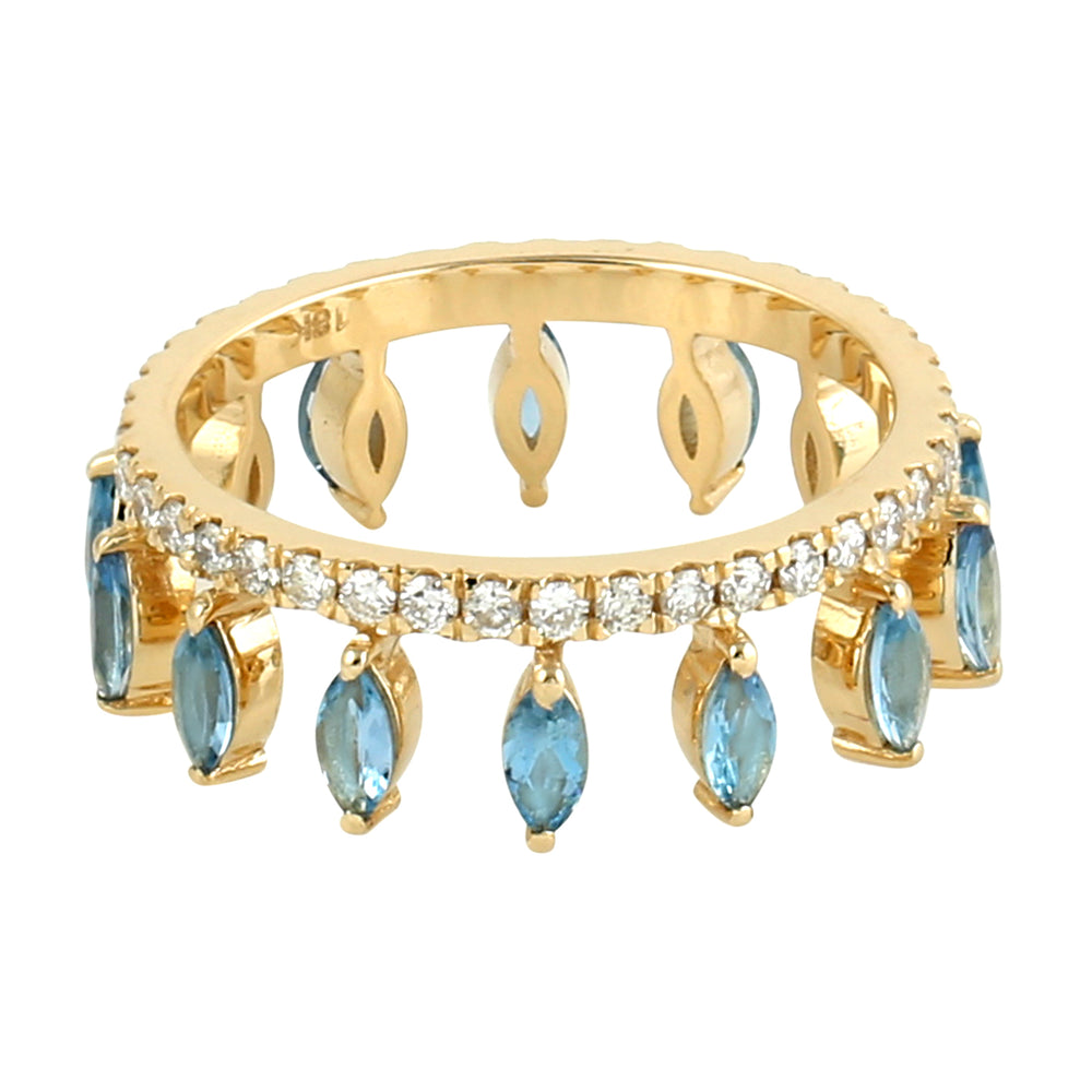 Marquise Cut Aquamarine Pave Diamond Tiara Design Band Ring In Yellow Gold