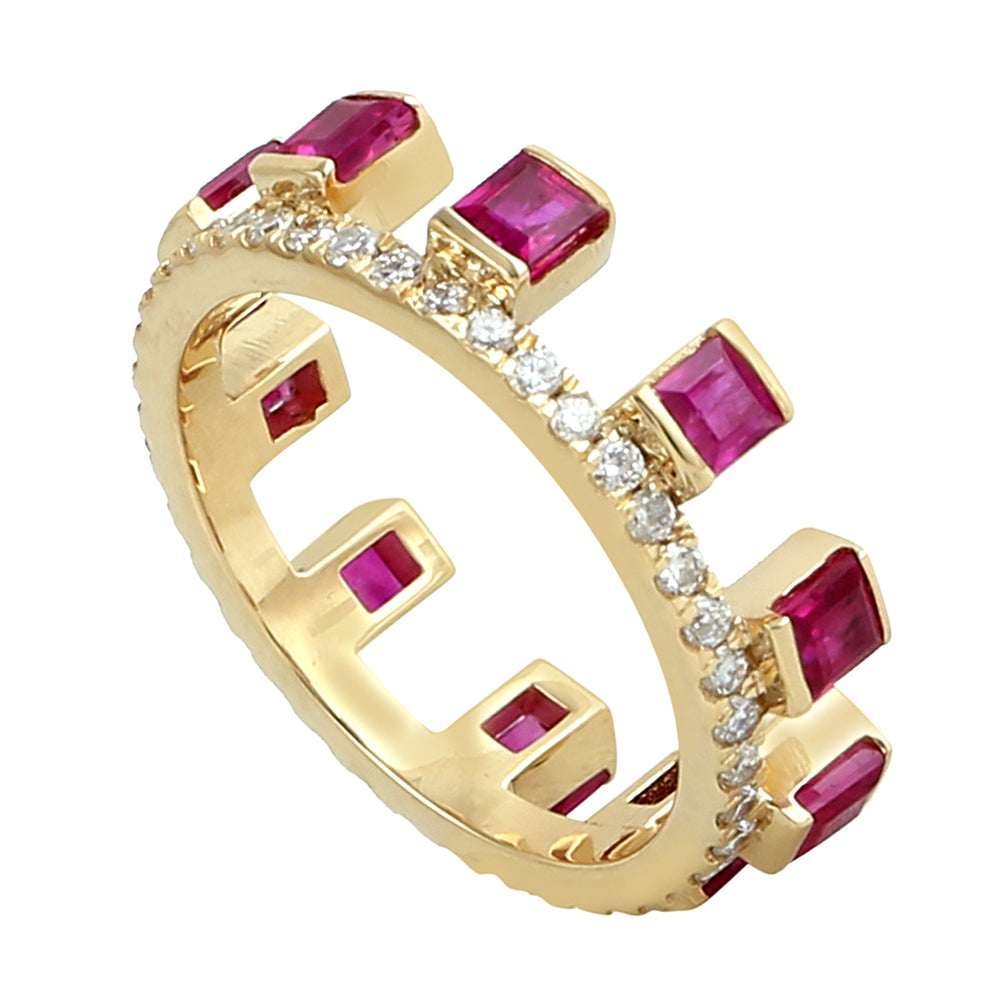 Square Cut Ruby Pave Diamond In 18k Yellow Gold Tiara Band Ring For Her