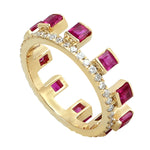 Square Cut Ruby Pave Diamond In 18k Yellow Gold Tiara Band Ring For Her