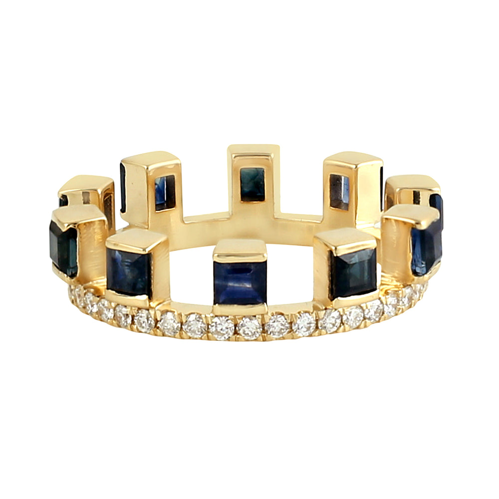 Square Cut Blue Sapphire Pave Diamond In 18k Yellow Gold Tiara Band Ring For Her