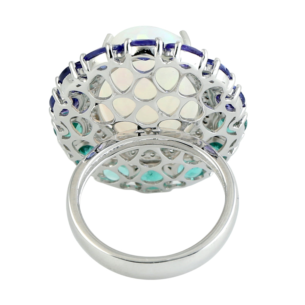 Oval Cut Opal Ethiopian Tanzanite Emerald Pave Diamond Dome Ring In White Gold