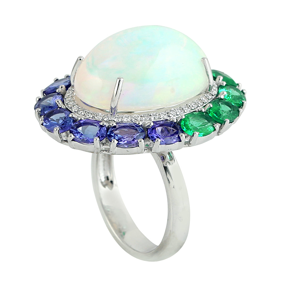 Oval Cut Opal Ethiopian Tanzanite Emerald Pave Diamond Dome Ring In White Gold