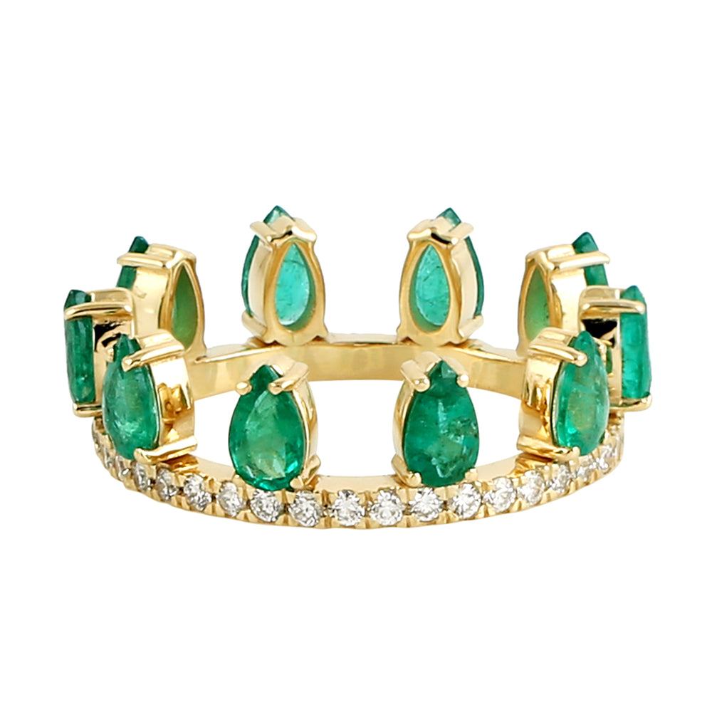 Pear Cut Emerald Pave Diamond Tiara Ring In 18k Yellow Gold For Her