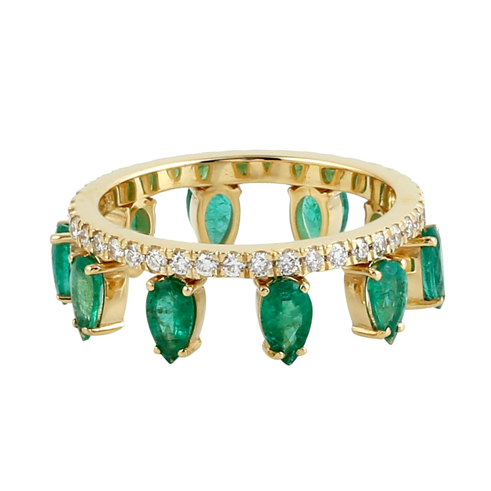 Pear Cut Emerald Pave Diamond Tiara Ring In 18k Yellow Gold For Her