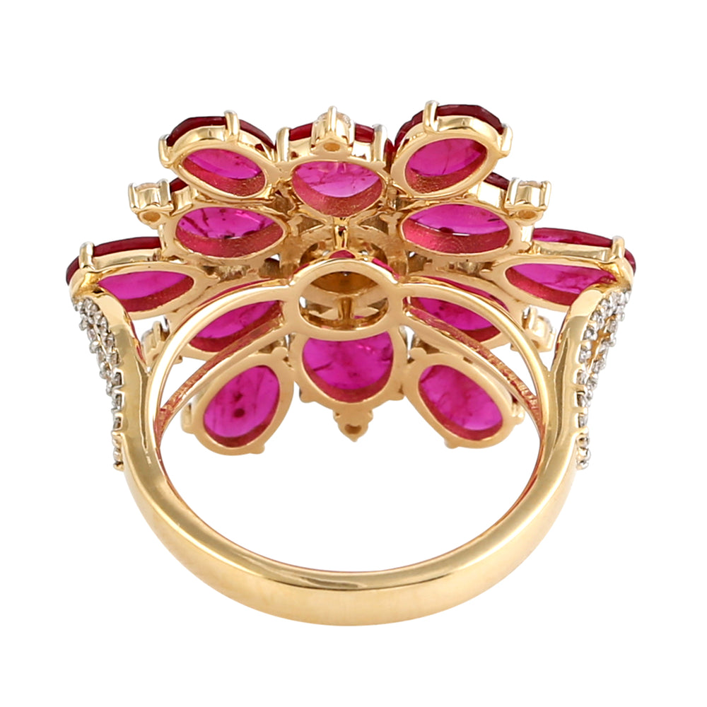 Faceted Oval Cut Ruby Pave Diamond Beautiful Daisy Ring In 18k Yellow Gold Ring