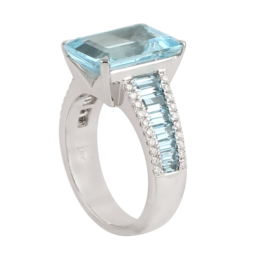 Natural Aquamarine Pave Diamond Cocktail Ring 18k White Gold For Women