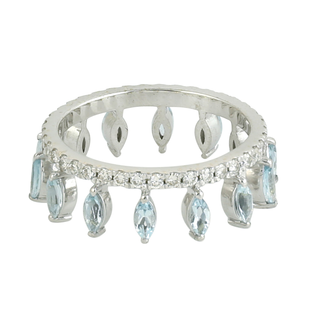 Marquise Cut Aquamarine Pave Diamond Tiara Design Band Ring In White Gold