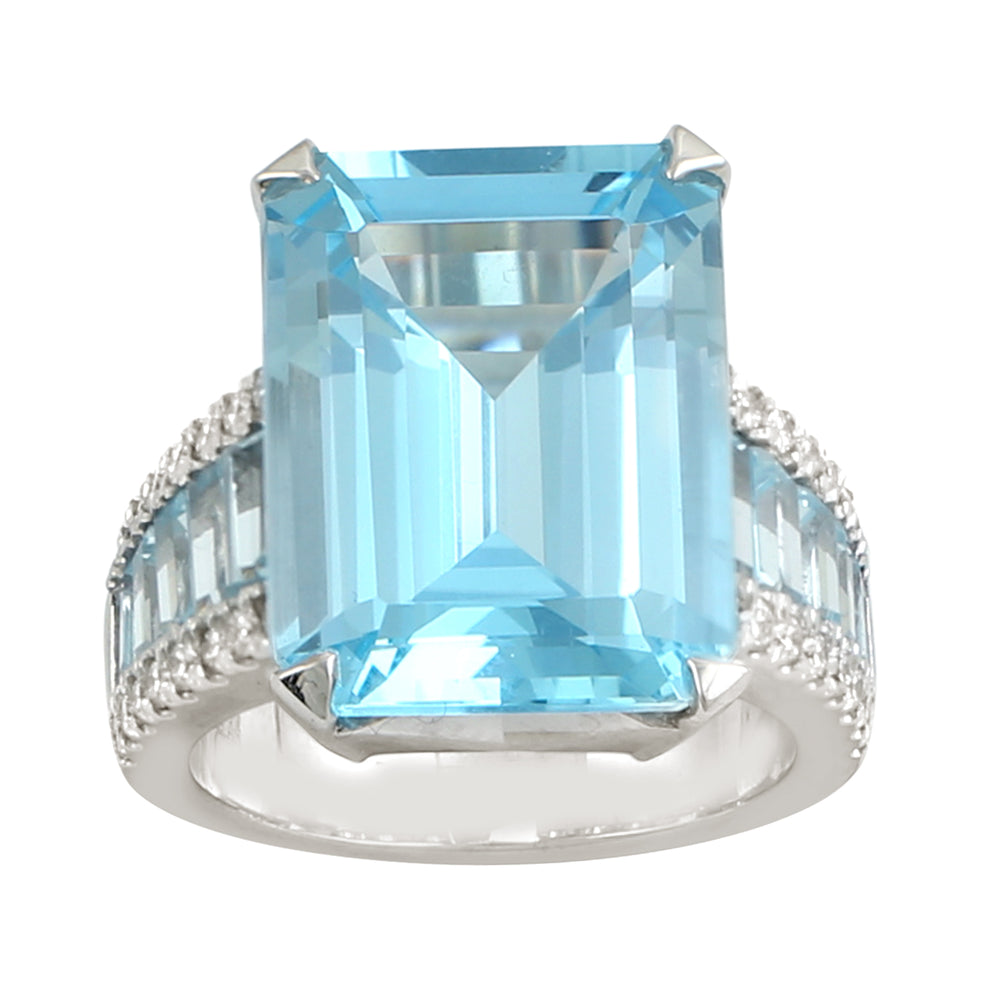 Faceted Emerald Cut Blue Topaz Diamond Wedding Gift Ring In 18k White Gold For Women