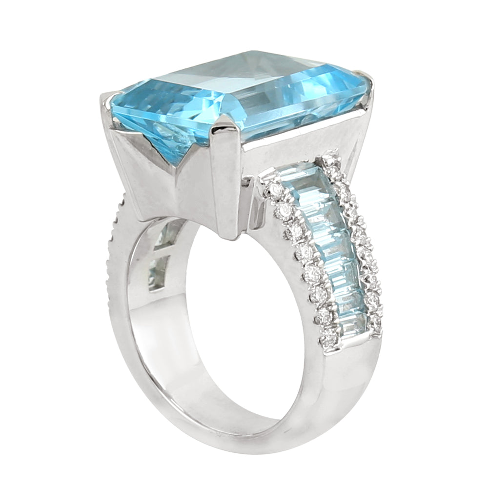Faceted Emerald Cut Blue Topaz Diamond In White Gold Solitaire Ring For Women