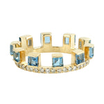 Natural Square Aquamarine Diamond Tiara Design 18k Yellow Gold Ring