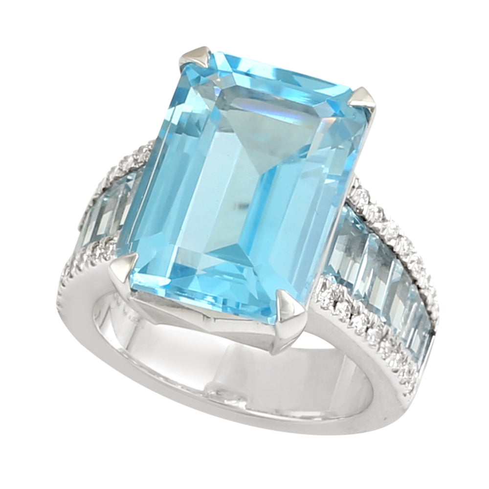 Channel Set Topaz Pave Diamond Cocktail Ring In 18k White Gold