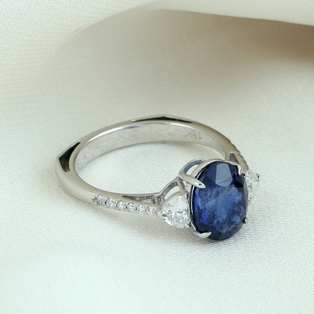 Natural Heart Shape Diamond Oval Blue Sapphire 18K White Gold Cocktail Ring Jewelry