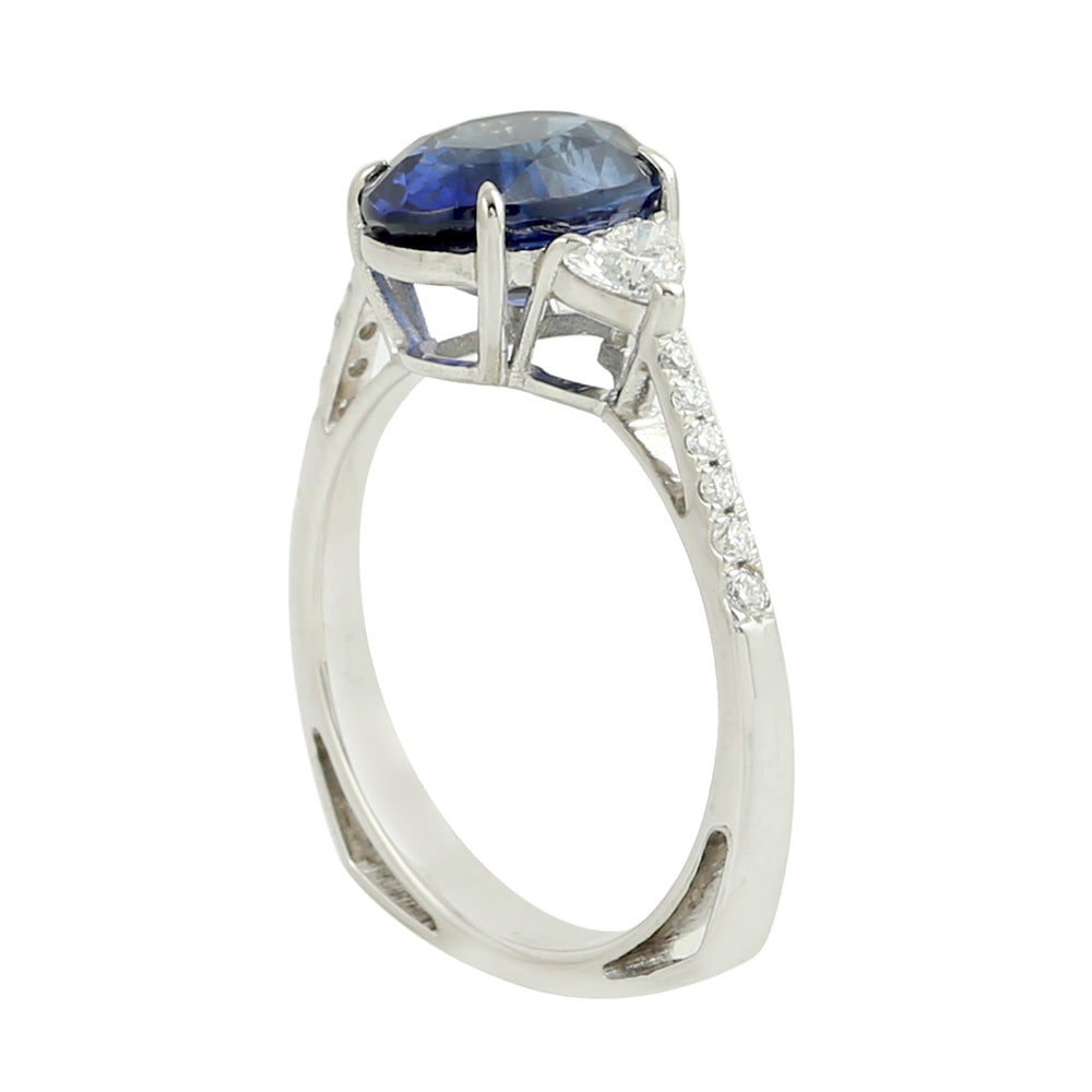 Natural Heart Shape Diamond Oval Blue Sapphire 18K White Gold Cocktail Ring Jewelry