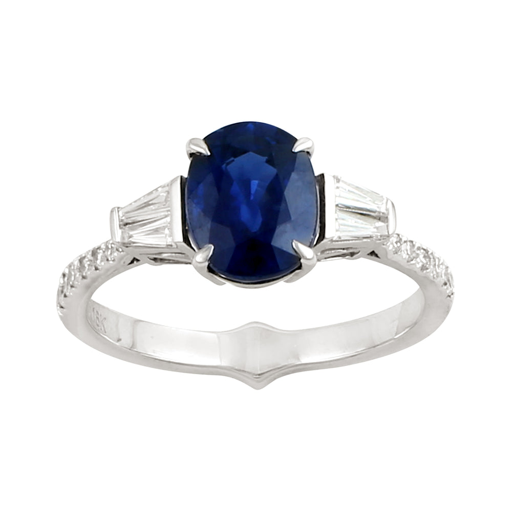 Oval Faceted Sapphire Prong Set Diamond 18k White Gold Ring Jewelry