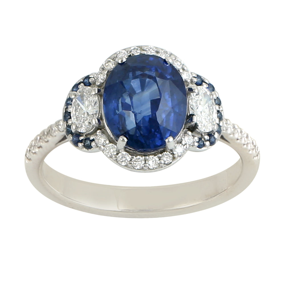 Natural Sapphire Pave Diamond Designer Ring In 18k Solid White Gold Ring For Women