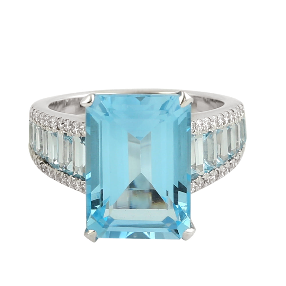 Prong Set Emerald Cut Blue Topaz 18k White Gold Pave Diamond Ring For Women