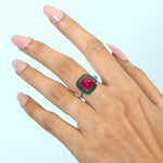 Pyramid Cut Ruby Pave Diamond Enamel Solitaire Ring In 18K White Gold Jewelry