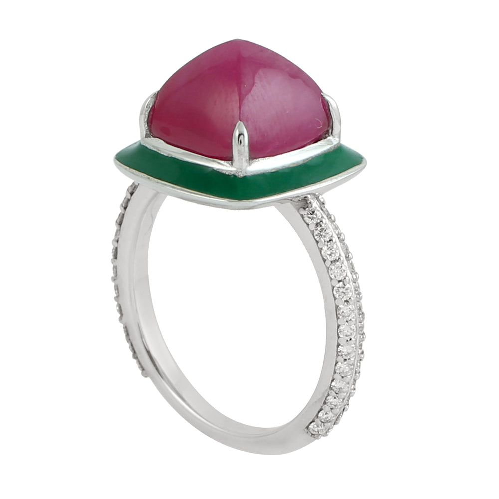 Pyramid Cut Ruby Pave Diamond Enamel Solitaire Ring In 18K White Gold Jewelry