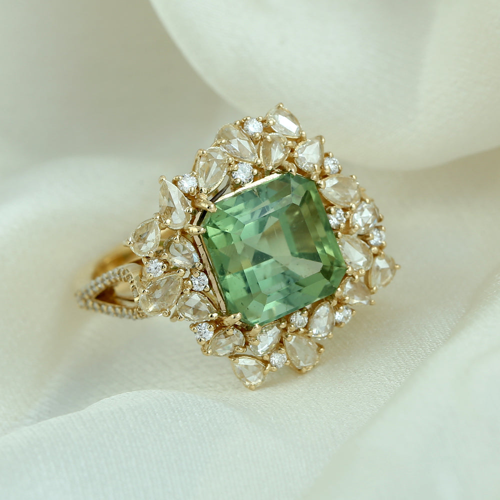 Square Cut Green Tourmaline Pave Diamond 18K Yellow Gold Designer Ring For Engagement