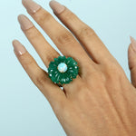 18K Yellow Gold Carved Onyx Opal Ethiopian Tsavorite Gemstone Pave Diamond Flower Ring