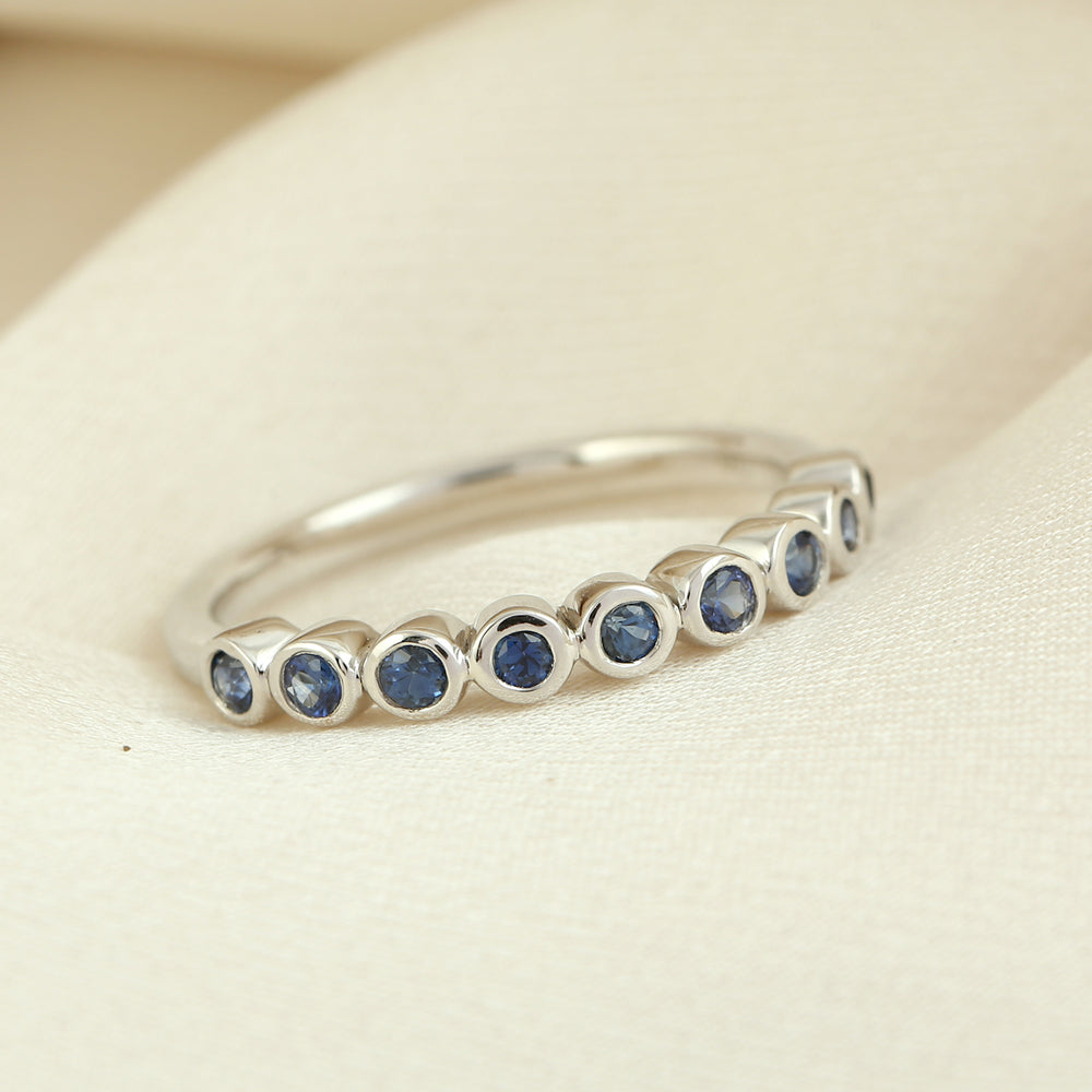 Bezel Set Blue Sapphire Gemstone 18K White Gold Band Ring For Women