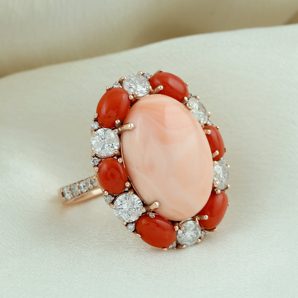 14K Rose Gold Oval Cut Coral Gemstone Prong Rose Cut Diamond Cocktail Ring For Her