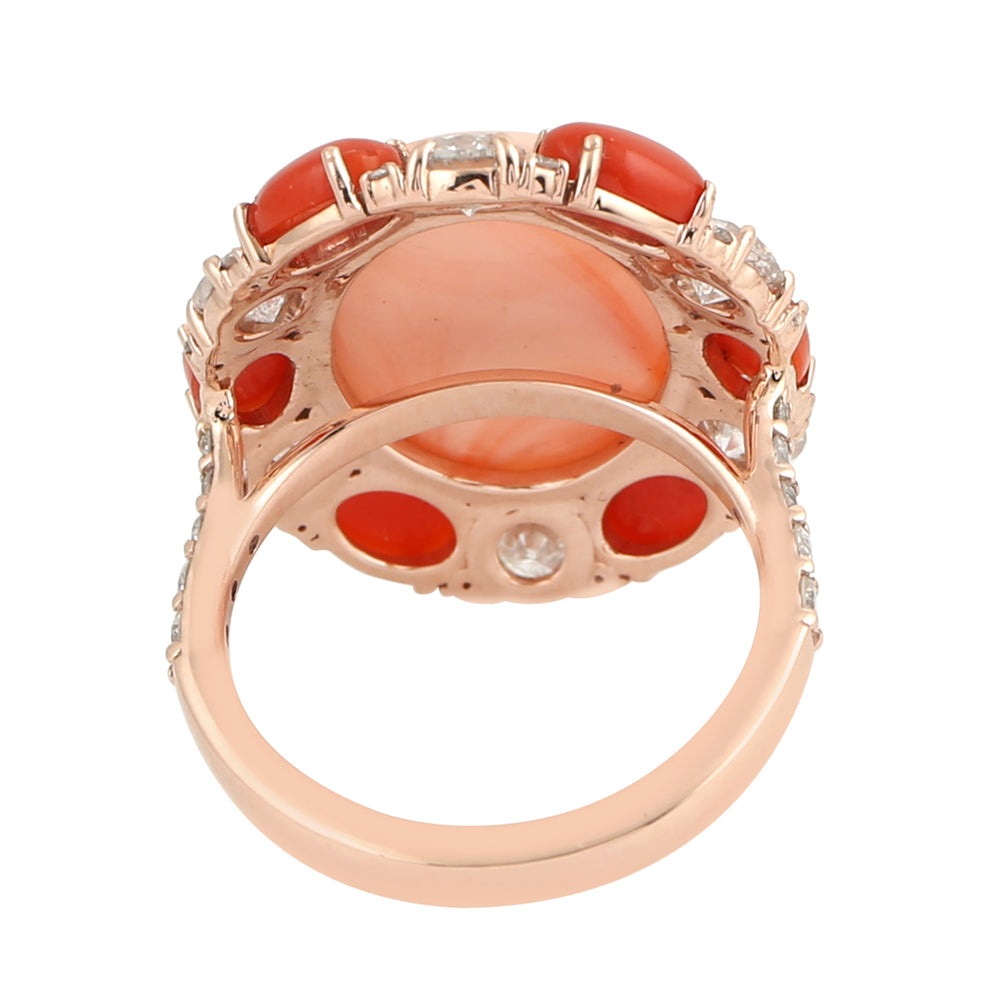 14K Rose Gold Oval Cut Coral Gemstone Prong Rose Cut Diamond Cocktail Ring For Her