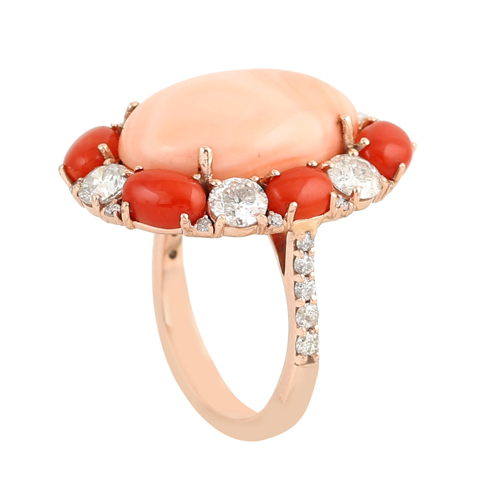 14K Rose Gold Oval Cut Coral Gemstone Prong Rose Cut Diamond Cocktail Ring For Her