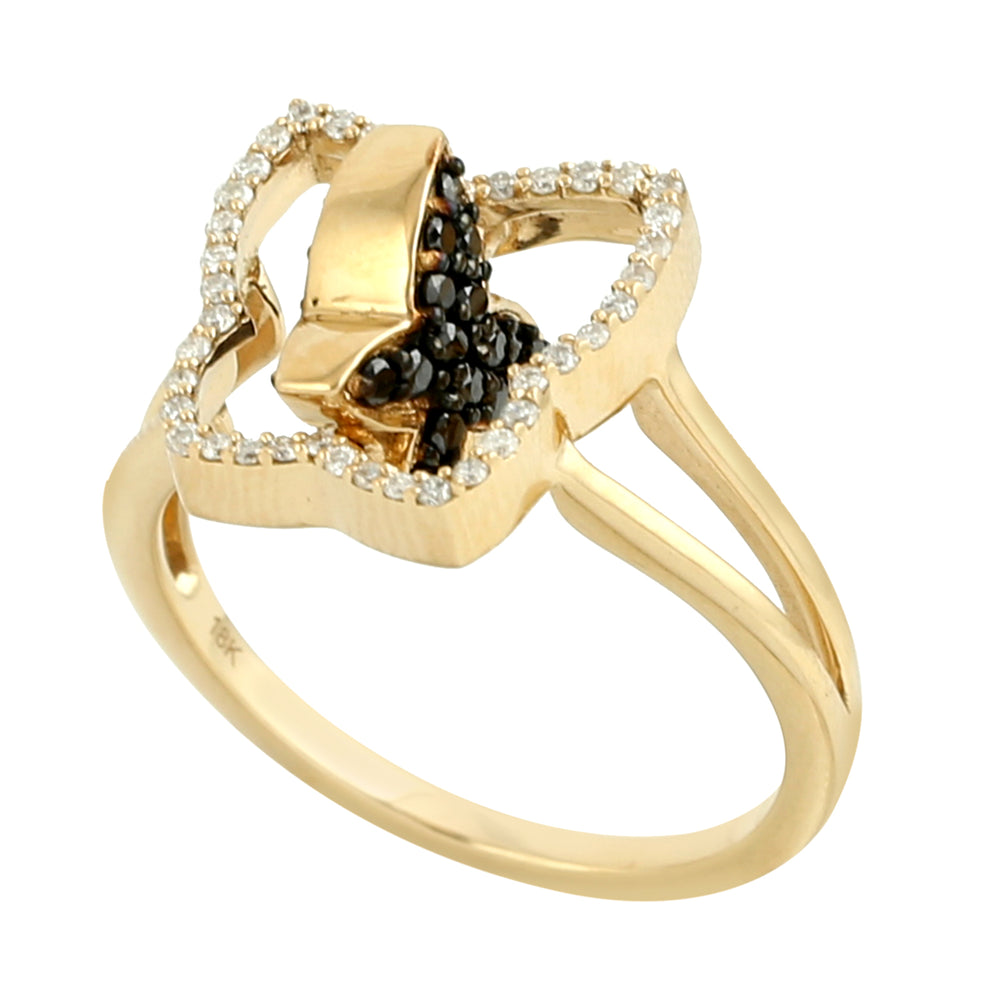 18K Yellow Gold Pave Blue Sapphire & Black White Diamond Butterfly Twisted Ring