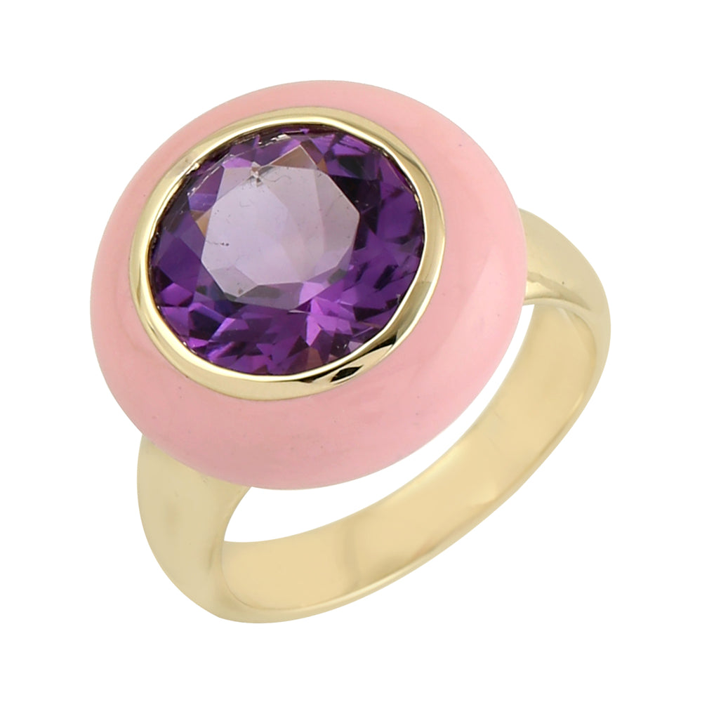 Round Amethyst February Birthstone Enamel Solitaire Ring In 14K Yellow Gold For Gift