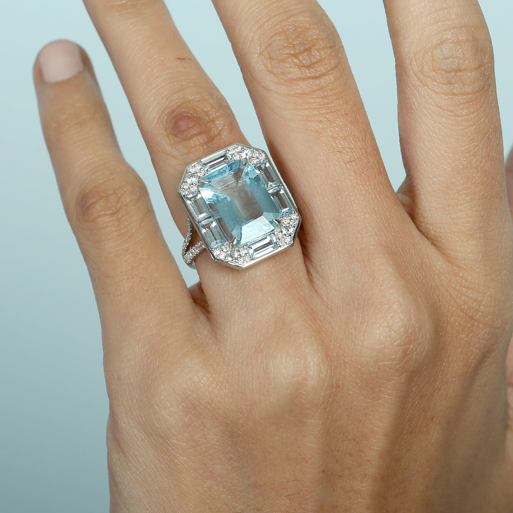 Octagon Cut Blue Topaz Prong Natural Diamond Designer Cocktail Ring In White Gold