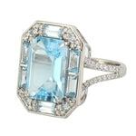 Octagon Cut Blue Topaz Prong Natural Diamond Designer Cocktail Ring In White Gold