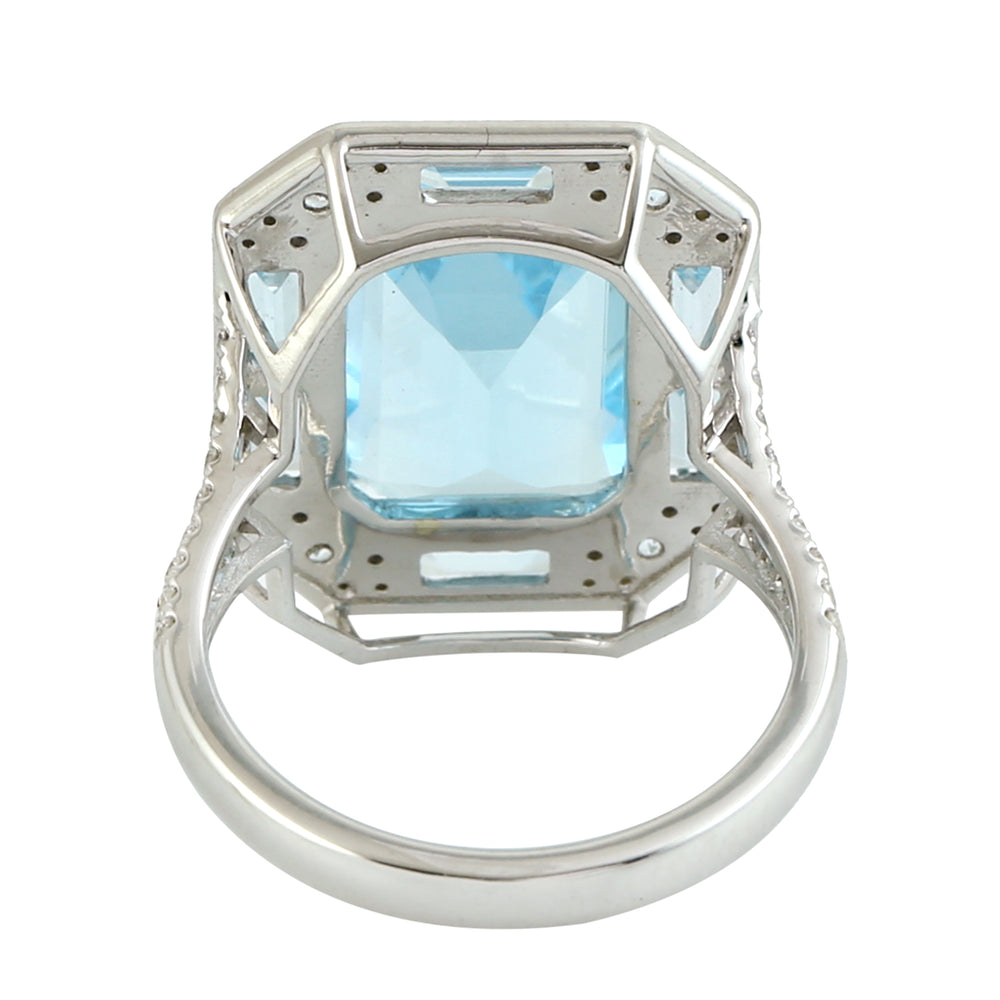 Octagon Cut Blue Topaz Prong Natural Diamond Designer Cocktail Ring In White Gold