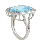 Octagon Cut Blue Topaz Prong Natural Diamond Designer Cocktail Ring In White Gold