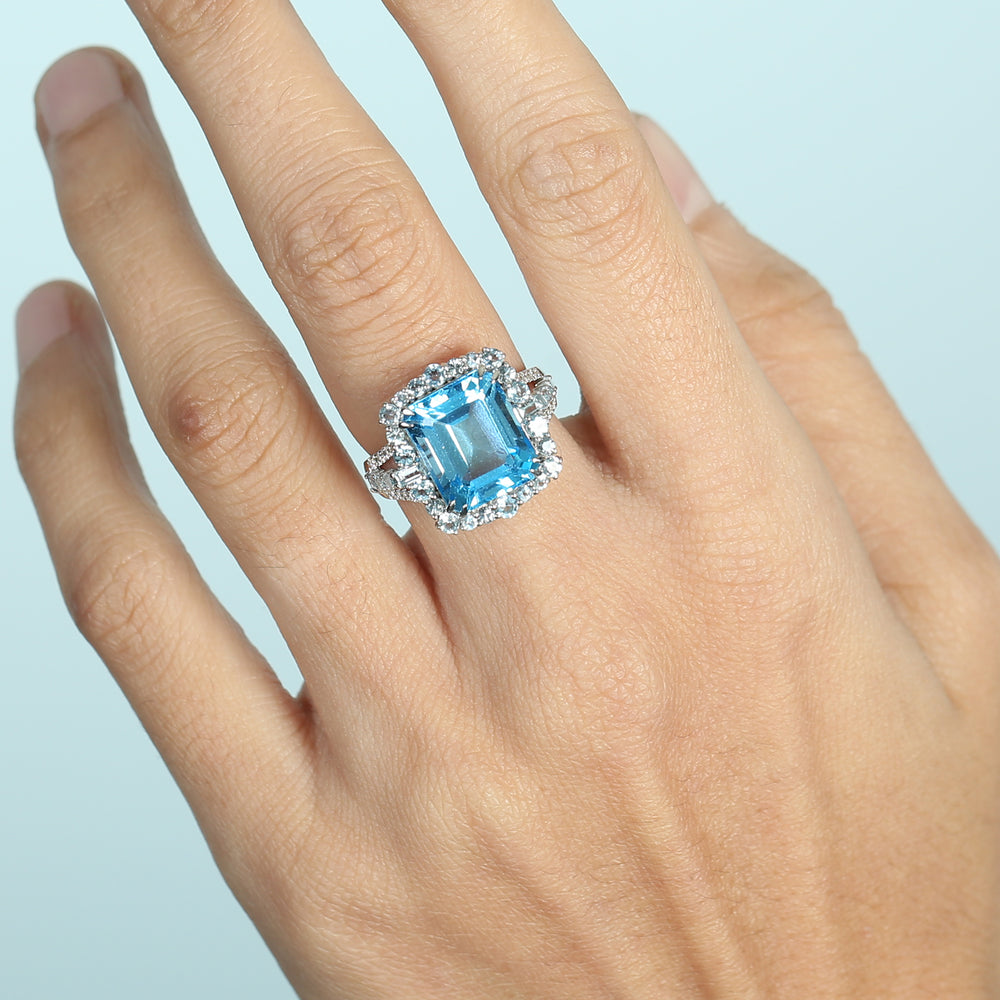 Octagon Cut Blue Topaz Baguette Aquamarine Pave Diamond Cocktail Ring In White Gold