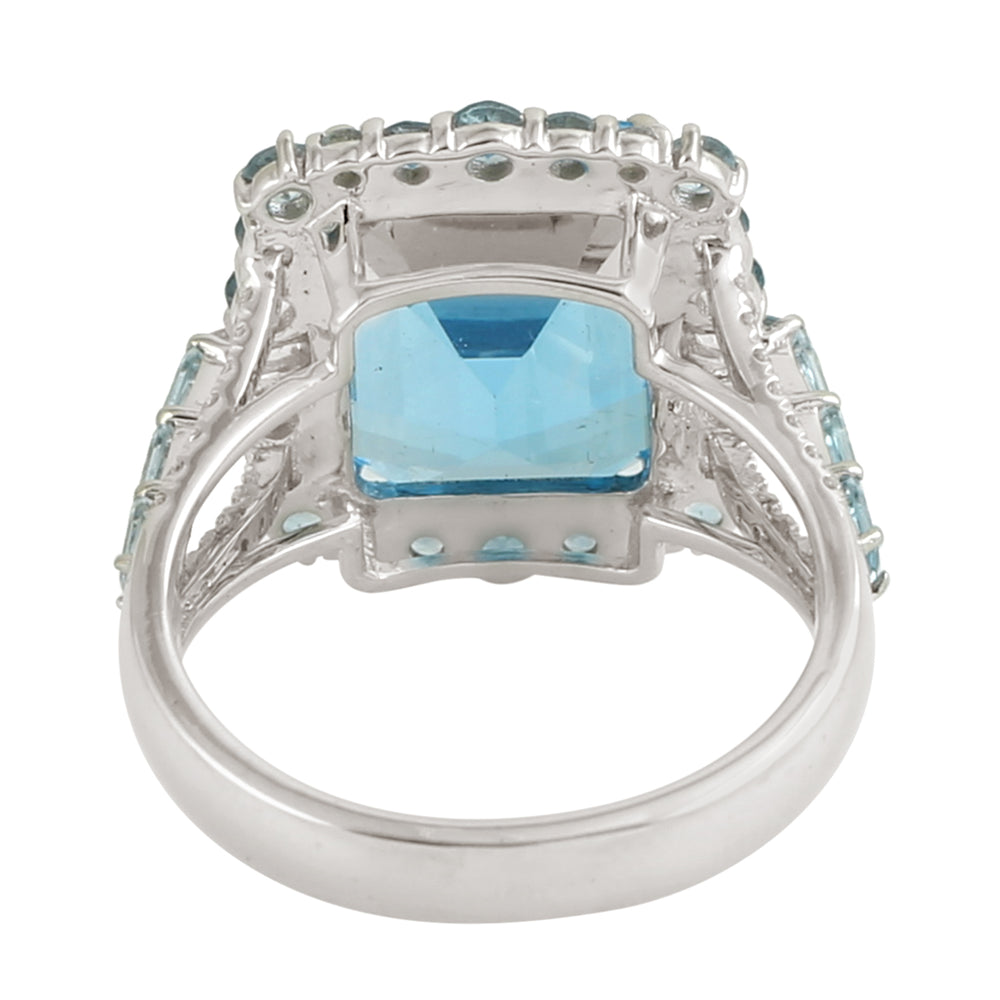 Octagon Cut Blue Topaz Baguette Aquamarine Pave Diamond Cocktail Ring In White Gold