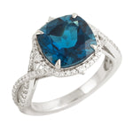 Cushion Cut London Topaz Pave Diamond Solitaire Ring In 14K White Gold