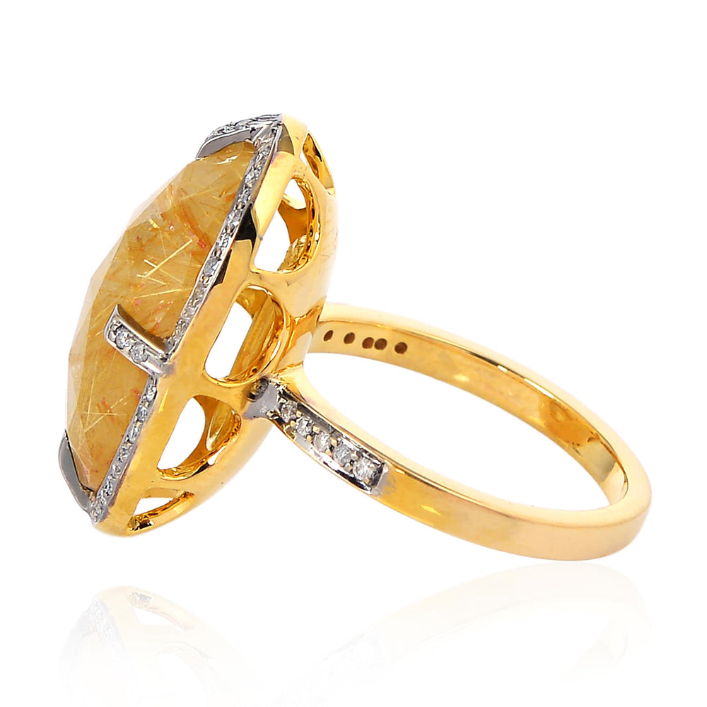 Yellow Gold Oval Quartz Rutile Prong Diamond Designer Ring Gift For Women's