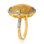 Yellow Gold Oval Quartz Rutile Prong Diamond Designer Ring Gift For Women's