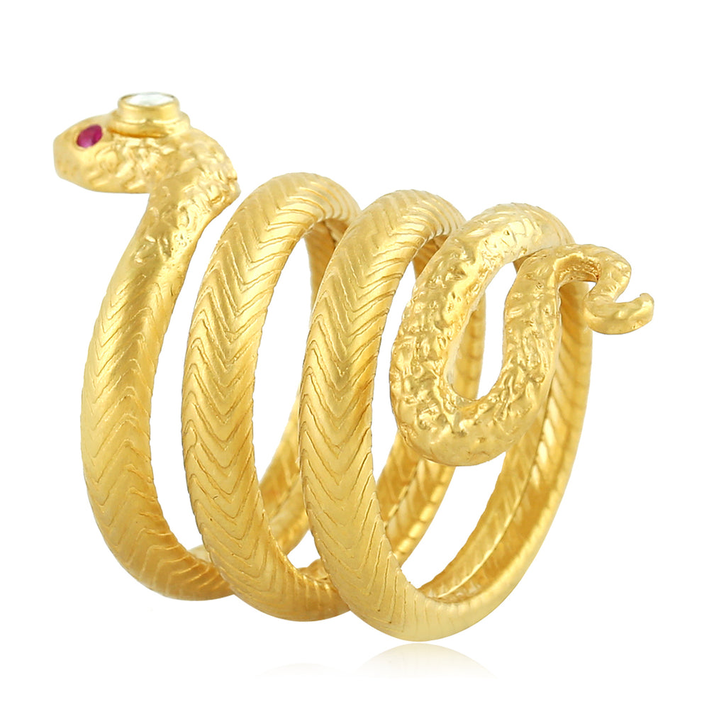 Ruby Gemstone Bezel Set Diamond Carved Snake Long Ring In 18K Yellow Gold