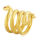 Ruby Gemstone Bezel Set Diamond Carved Snake Long Ring In 18K Yellow Gold